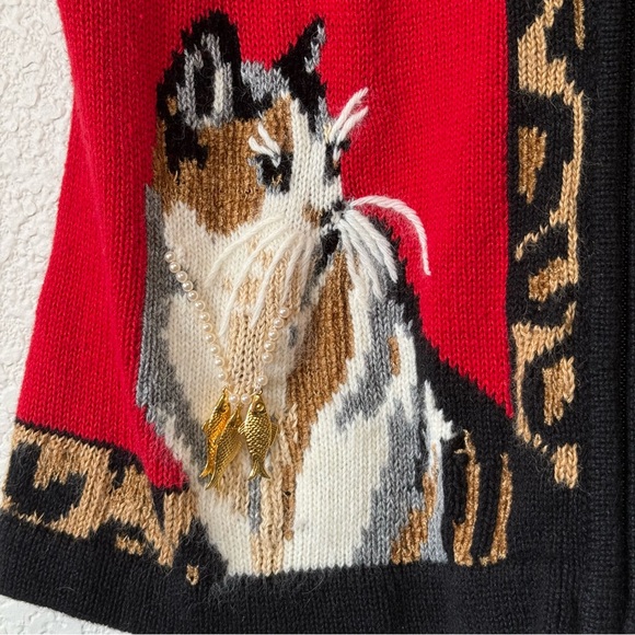 Susan Bristol Vintage Crazy Cat Lady Sweater Vest Leopard Trim size Medium - Picture 2 of 12